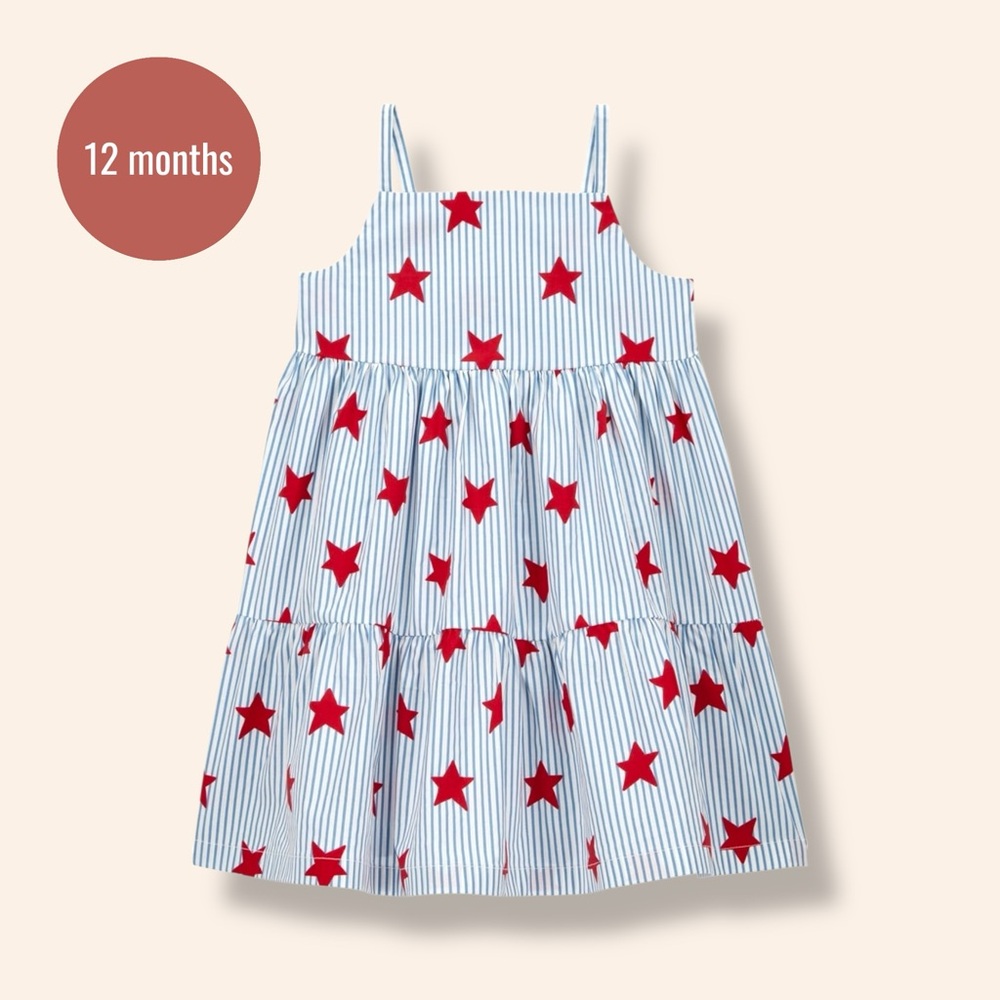 Baby Girl Blue & White Striped Dress with Red Stars – Tiered Summer Sundress